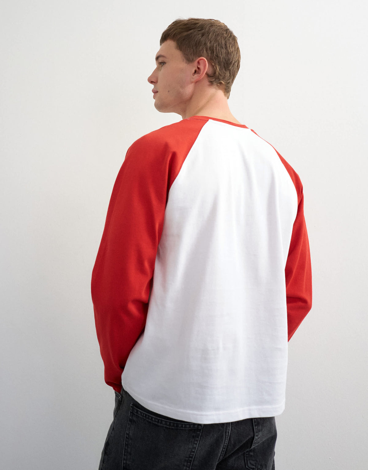 Topman relaxed fit crop long sleeve raglan t-shirt in red & white