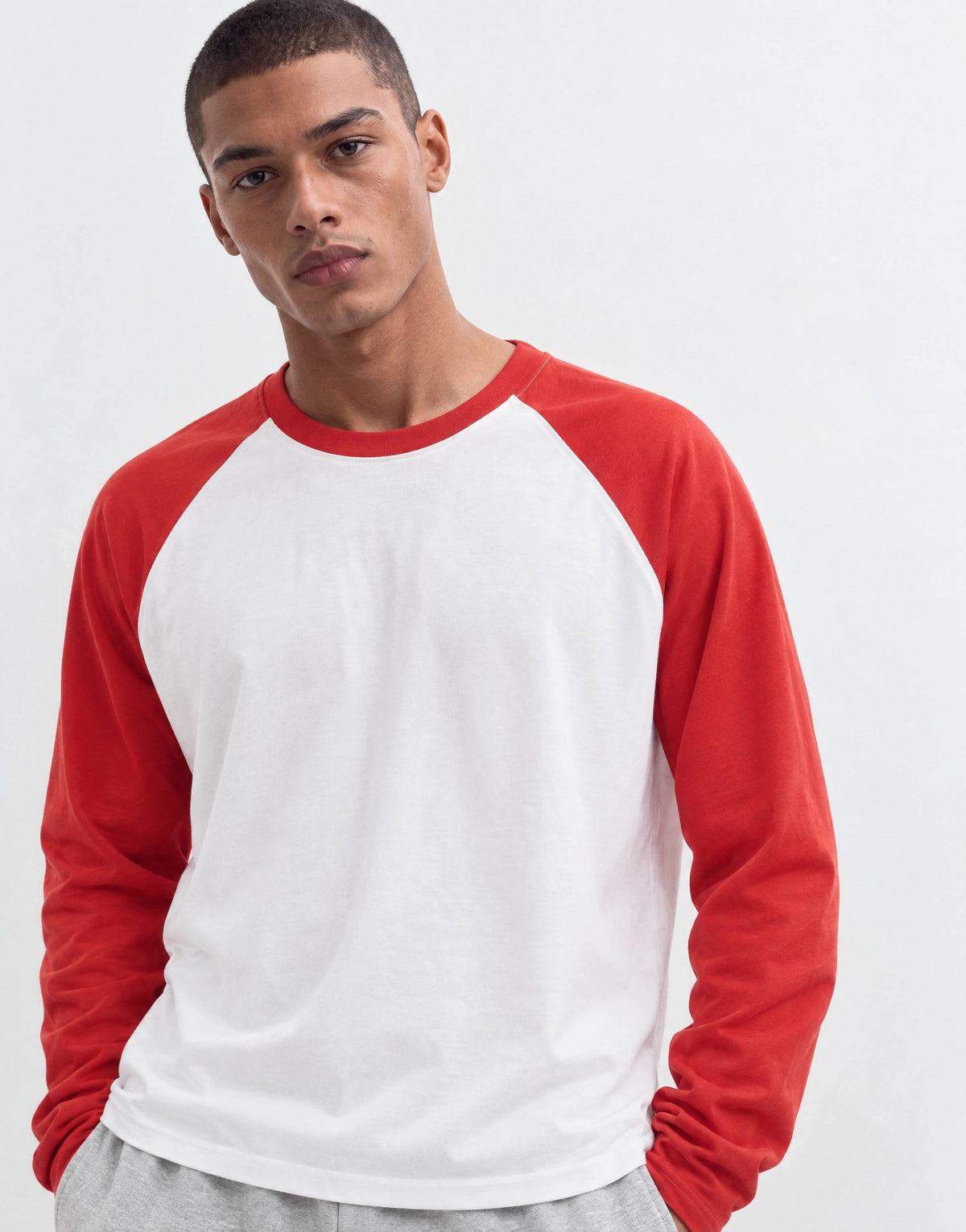 Topman relaxed fit crop long sleeve raglan t-shirt in red & white