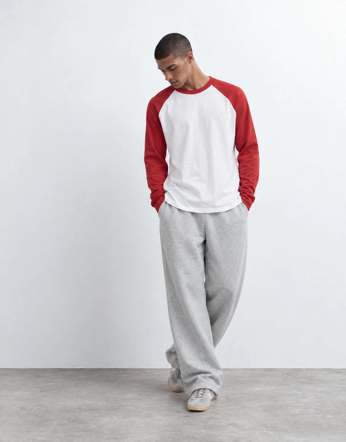 Topman relaxed fit crop long sleeve raglan t-shirt in red & white