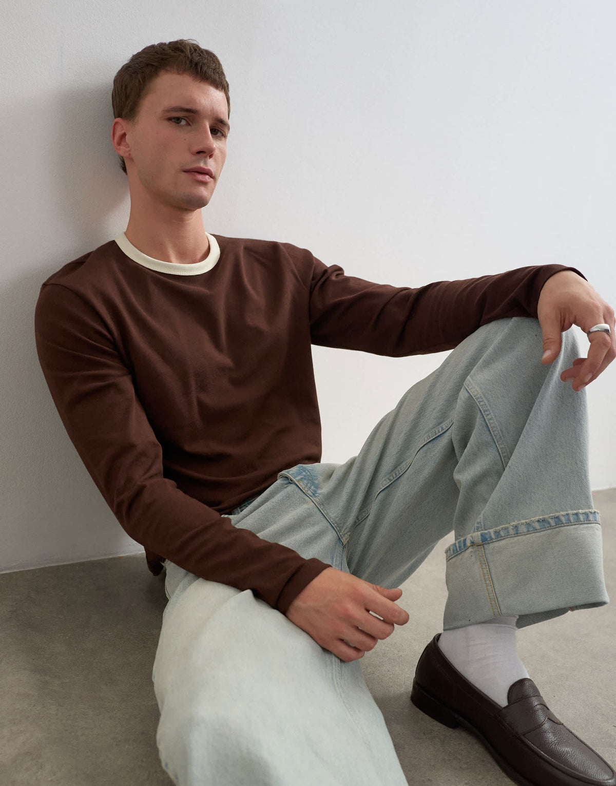 Topman classic fit crop long sleeve ringer t-shirt in brown