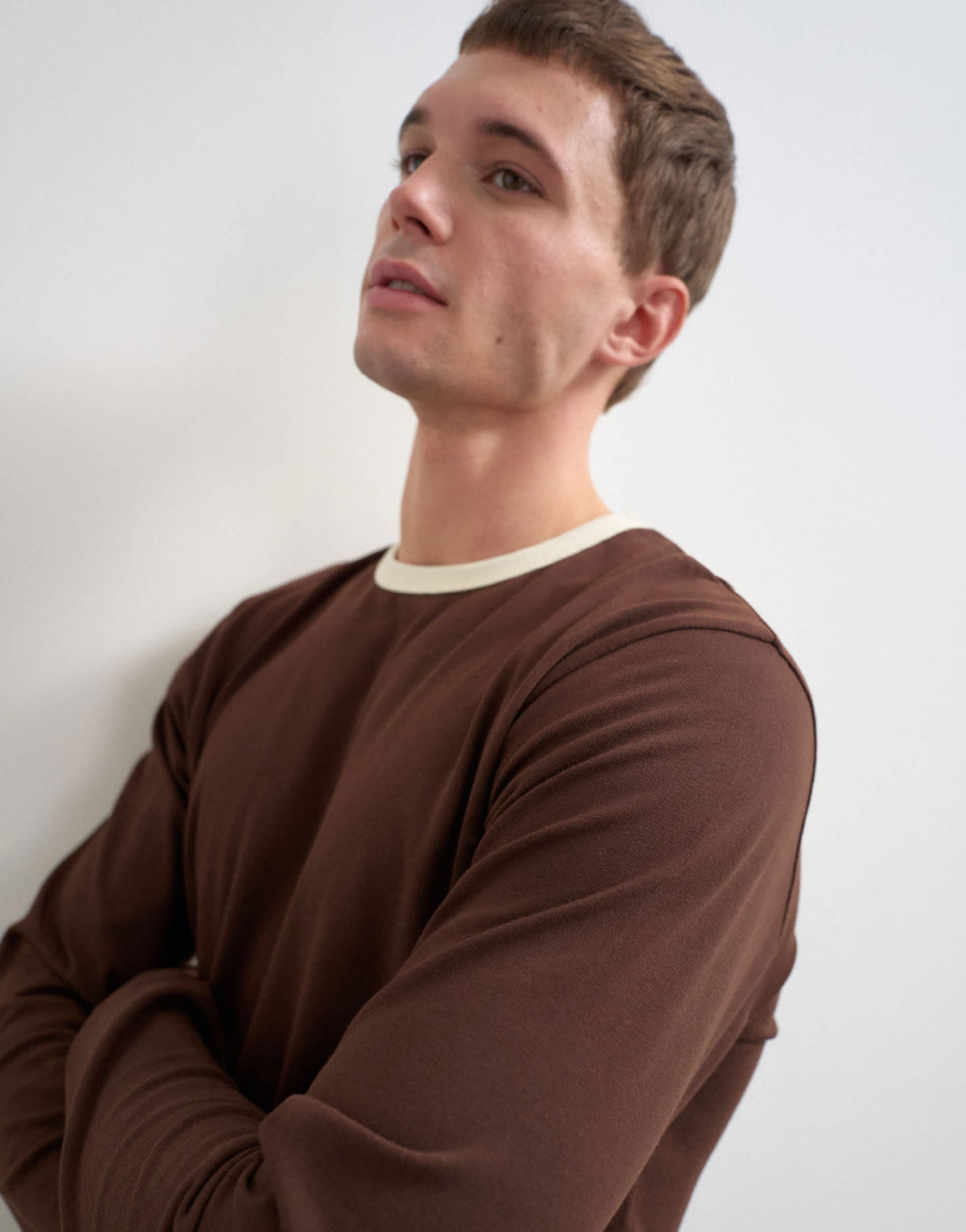 Topman classic fit crop long sleeve ringer t-shirt in brown