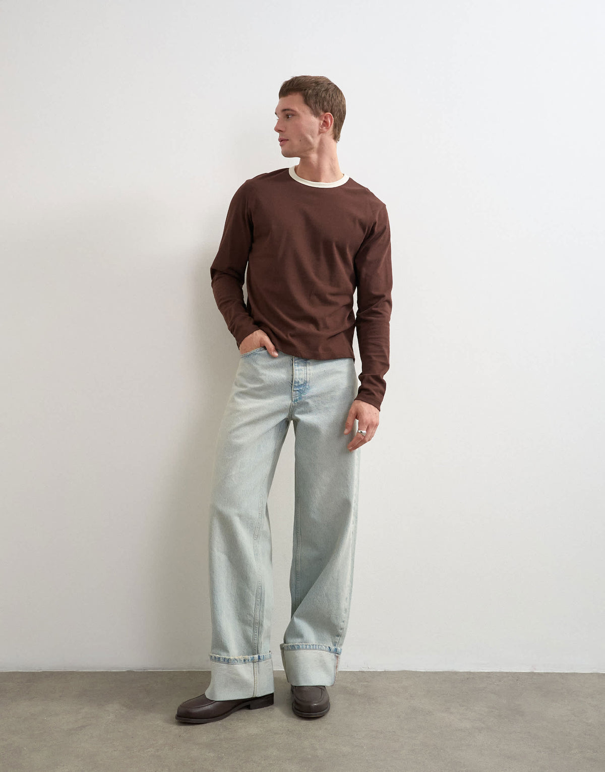 Topman classic fit crop long sleeve ringer t-shirt in brown