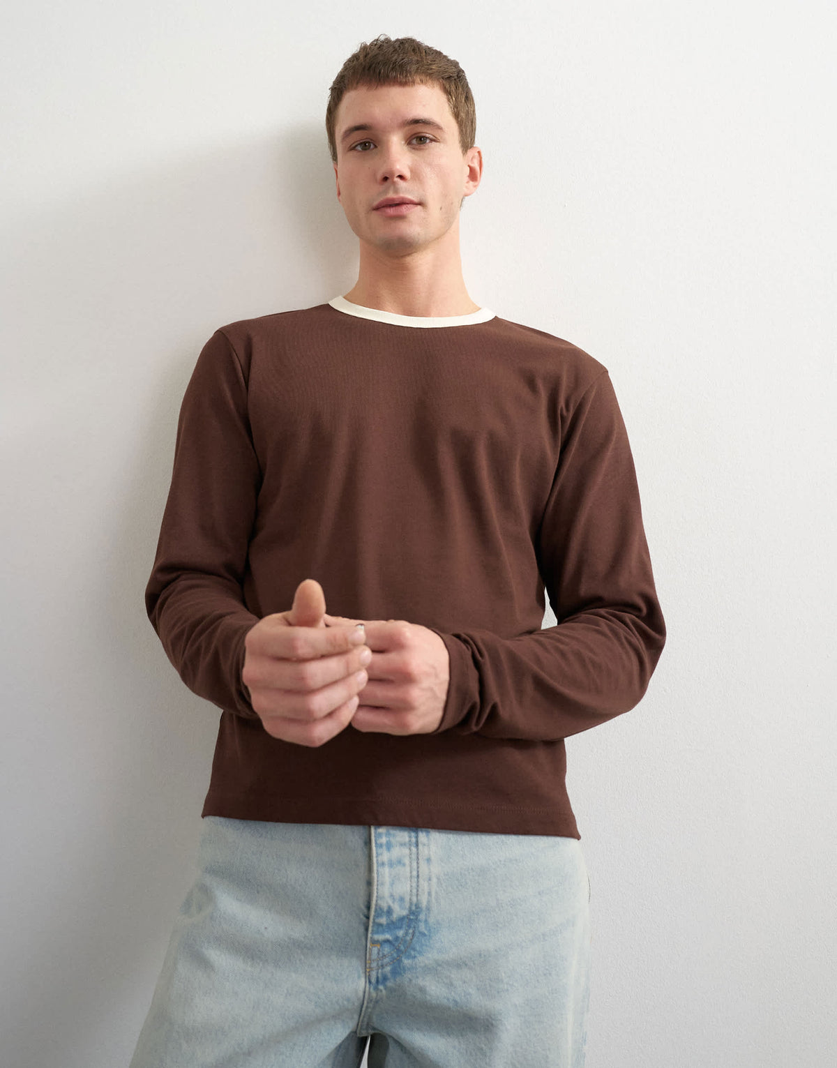 Topman classic fit crop long sleeve ringer t-shirt in brown