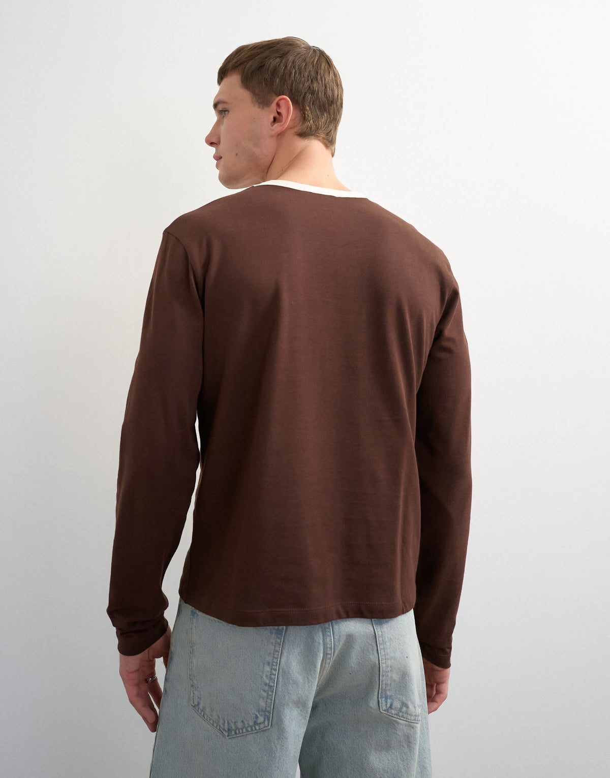Topman classic fit crop long sleeve ringer t-shirt in brown