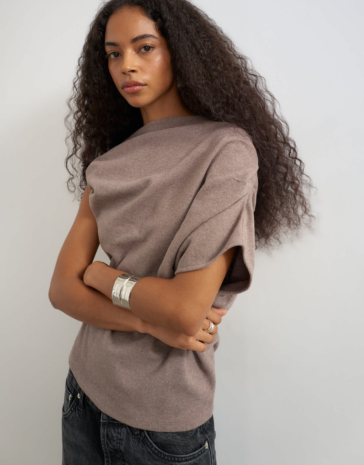 Topshop soft touch fallen shoulder top in oat