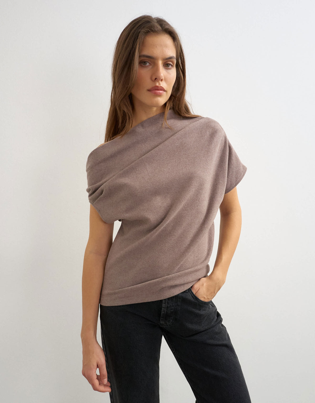Topshop soft touch fallen shoulder top in oat