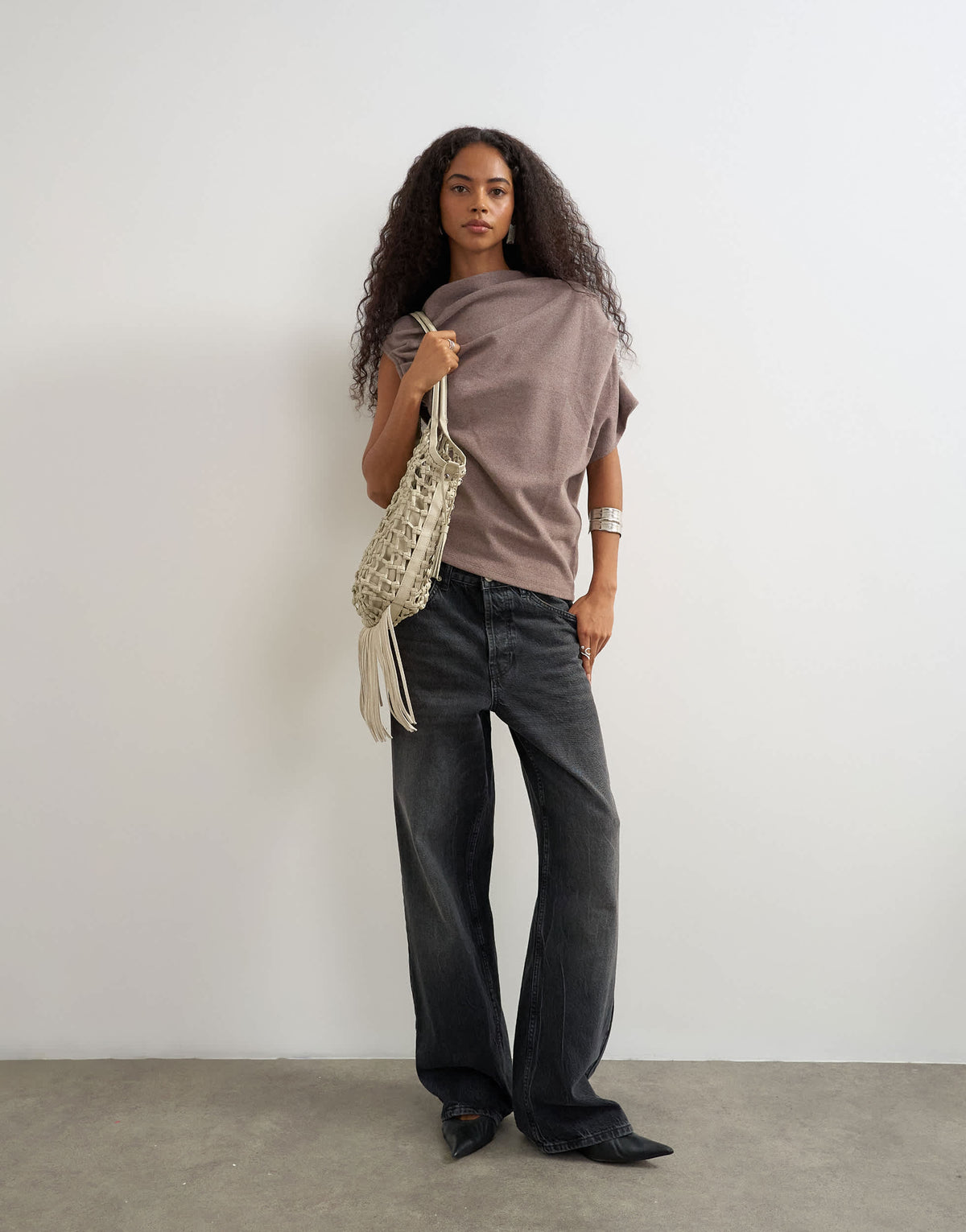 Topshop soft touch fallen shoulder top in oat