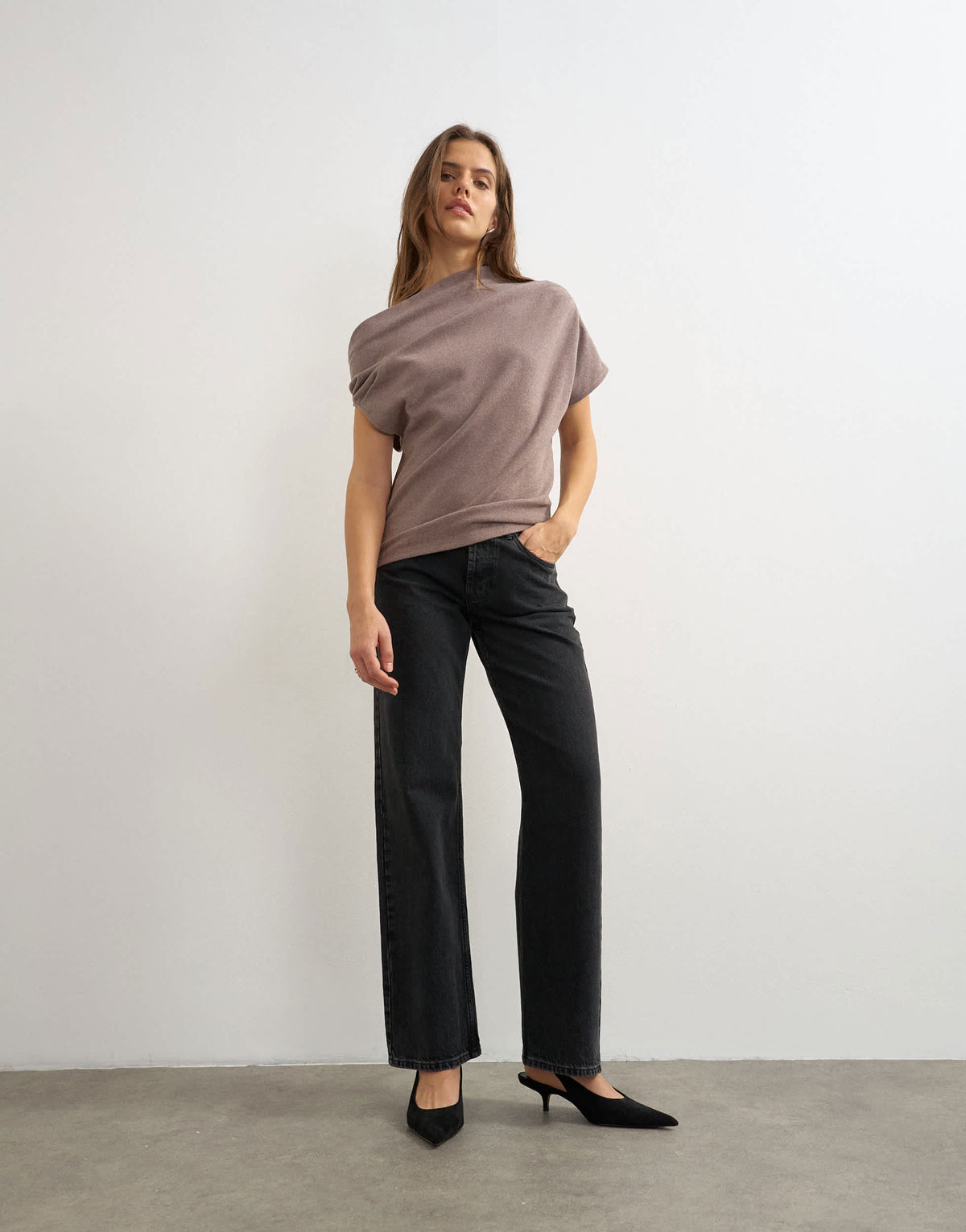 Topshop soft touch fallen shoulder top in oat