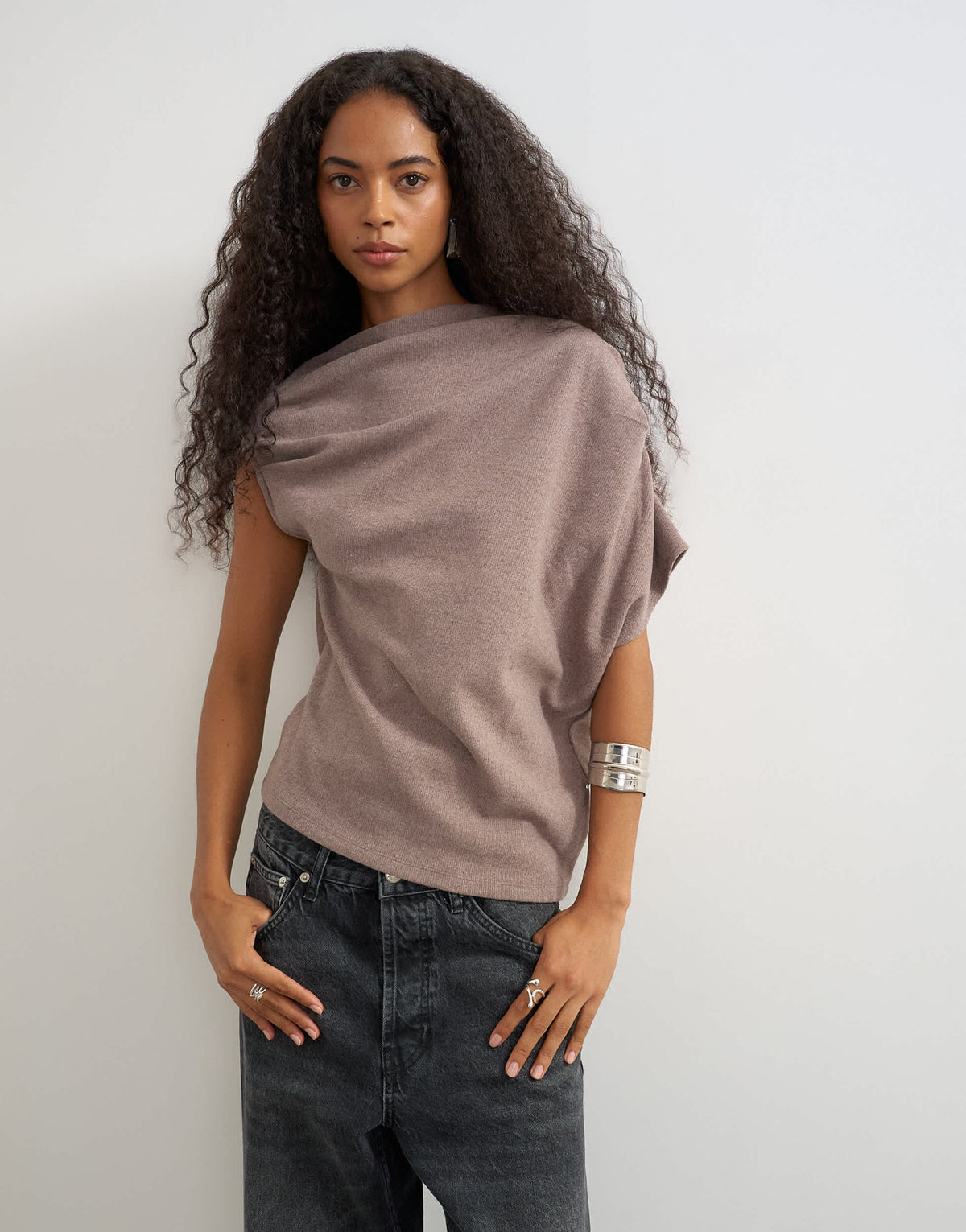 Topshop soft touch fallen shoulder top in oat