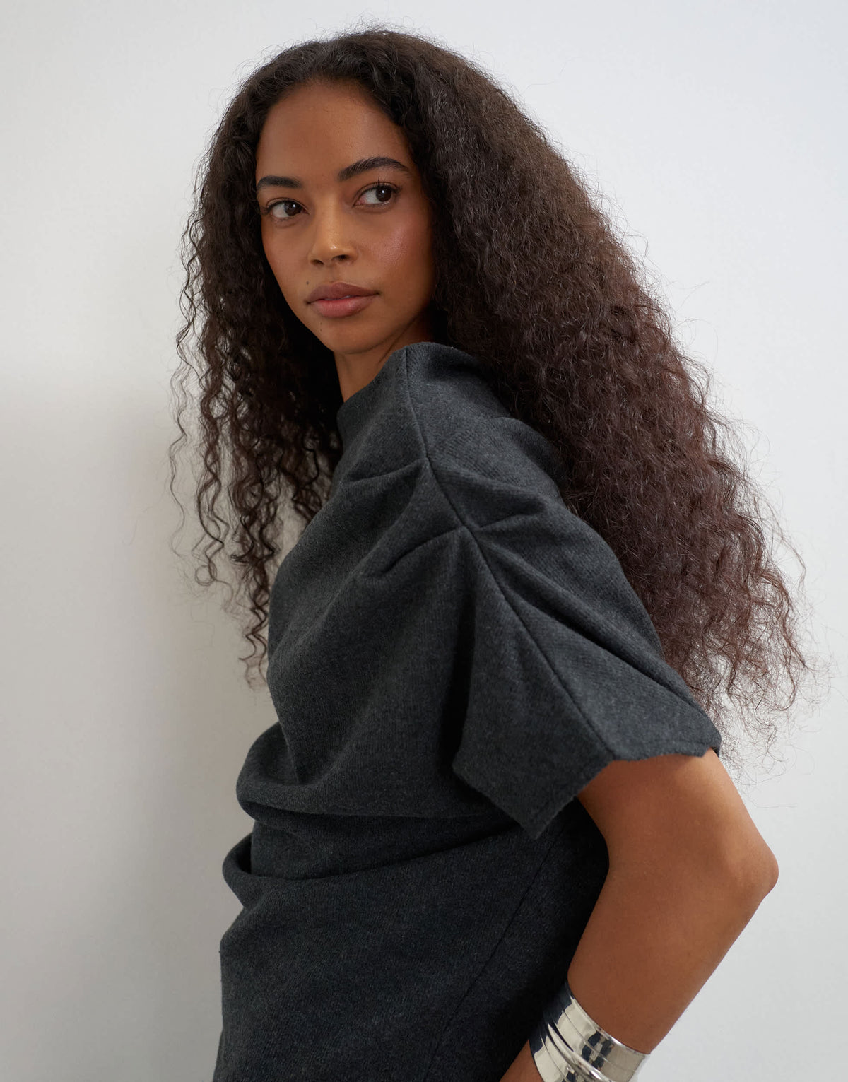 Topshop soft touch fallen shoulder top in charcoal