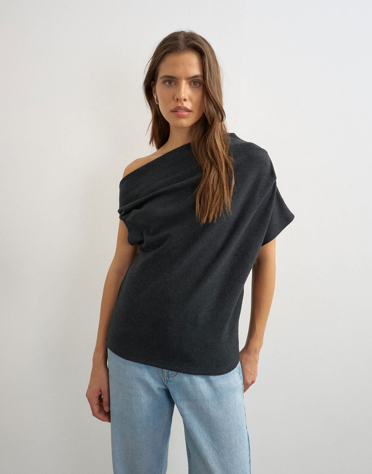 Topshop soft touch fallen shoulder top in charcoal