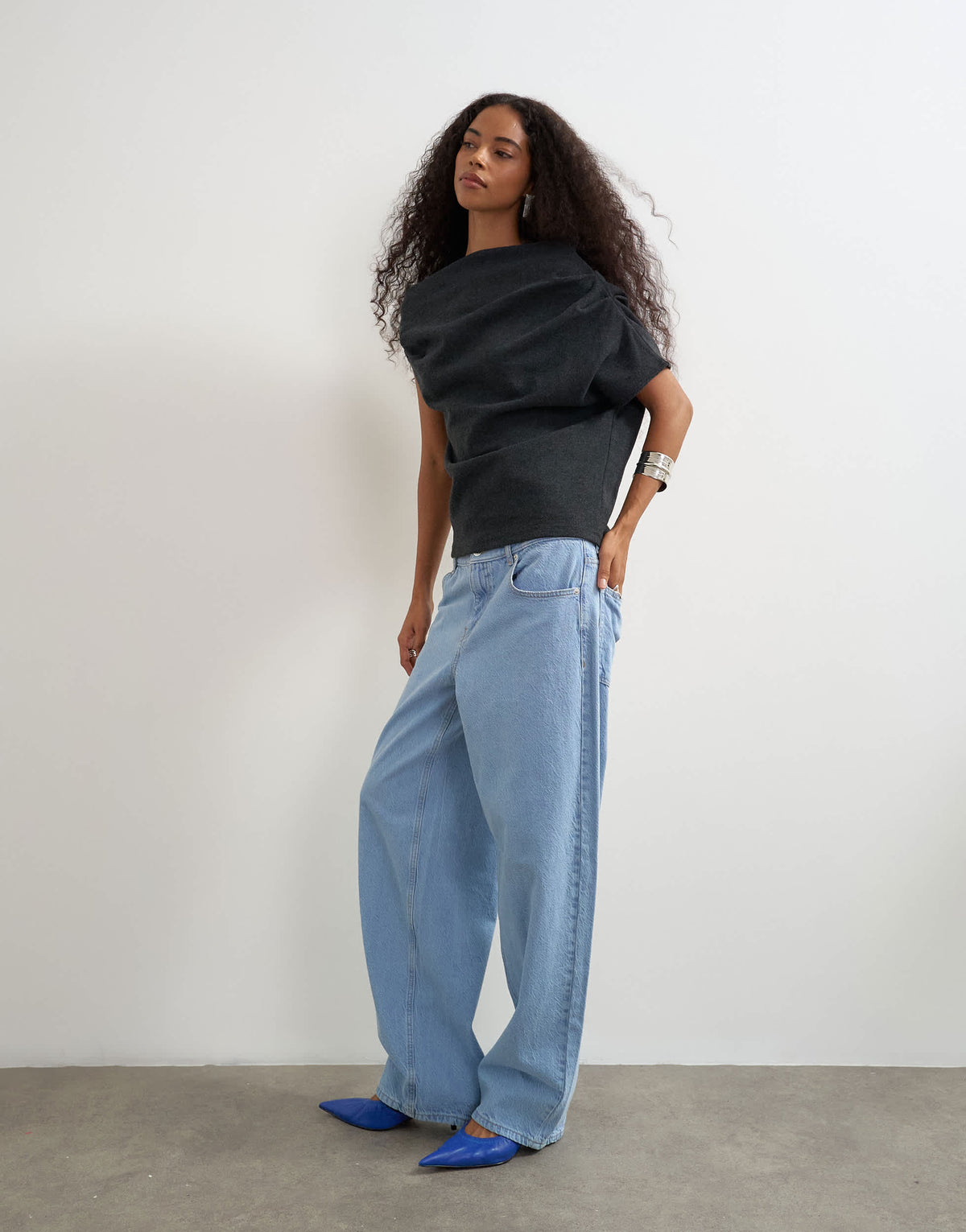 Topshop soft touch fallen shoulder top in charcoal