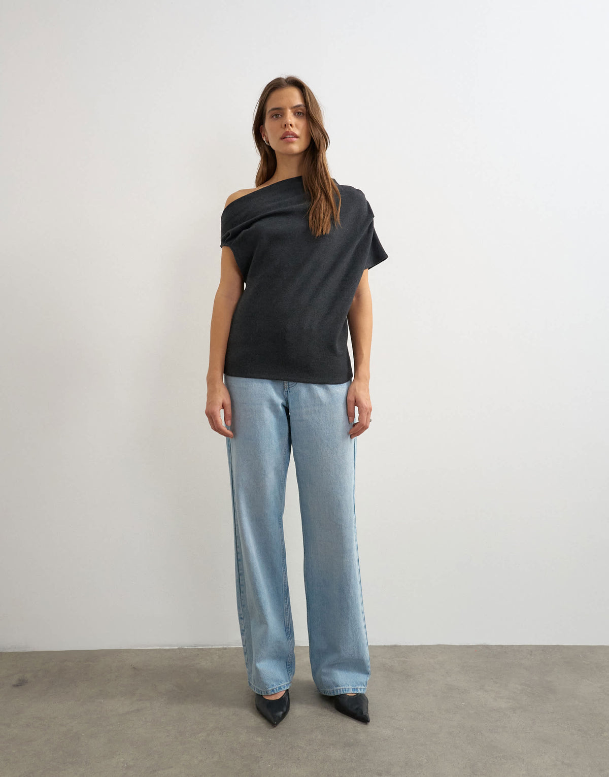 Topshop soft touch fallen shoulder top in charcoal