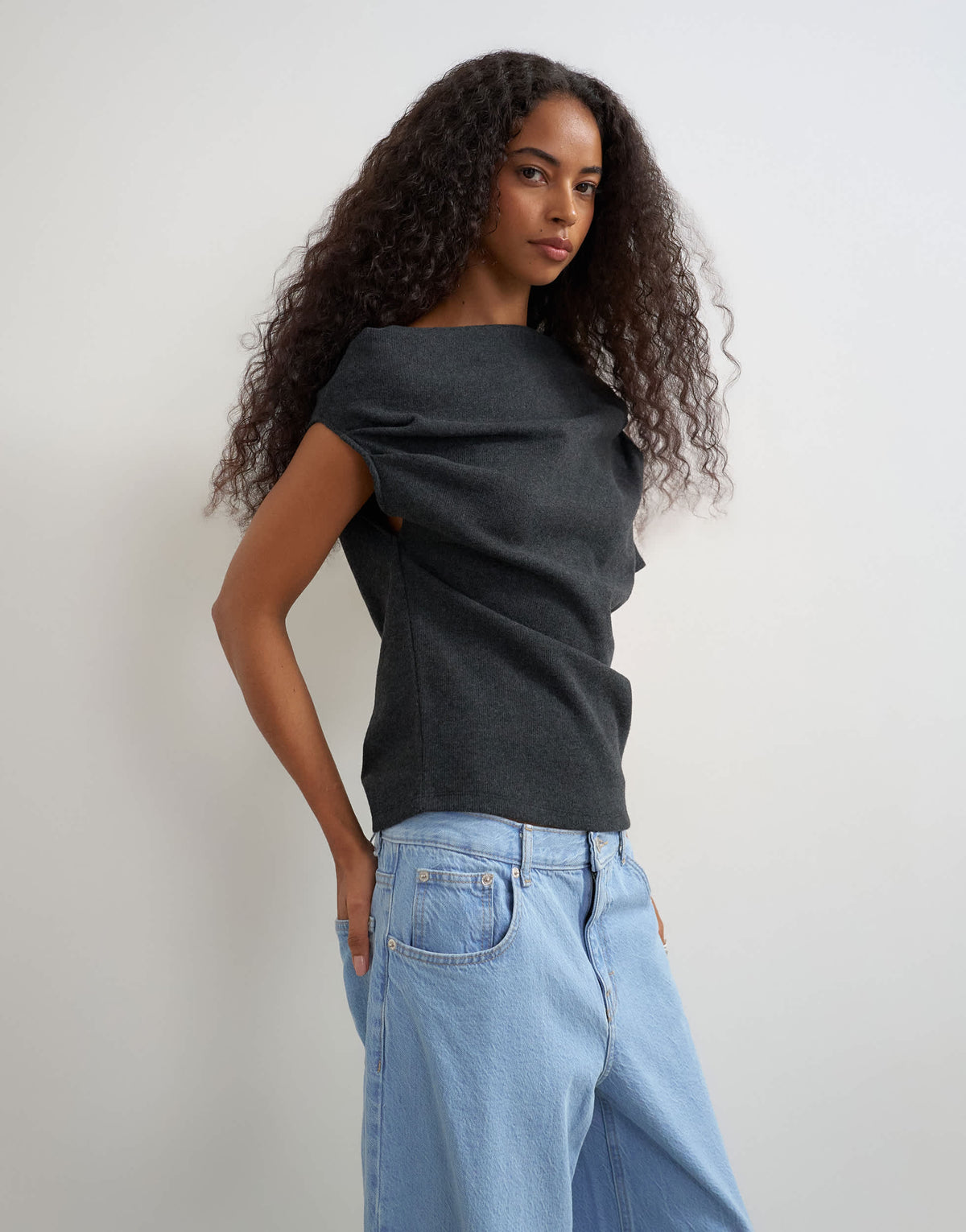 Topshop soft touch fallen shoulder top in charcoal