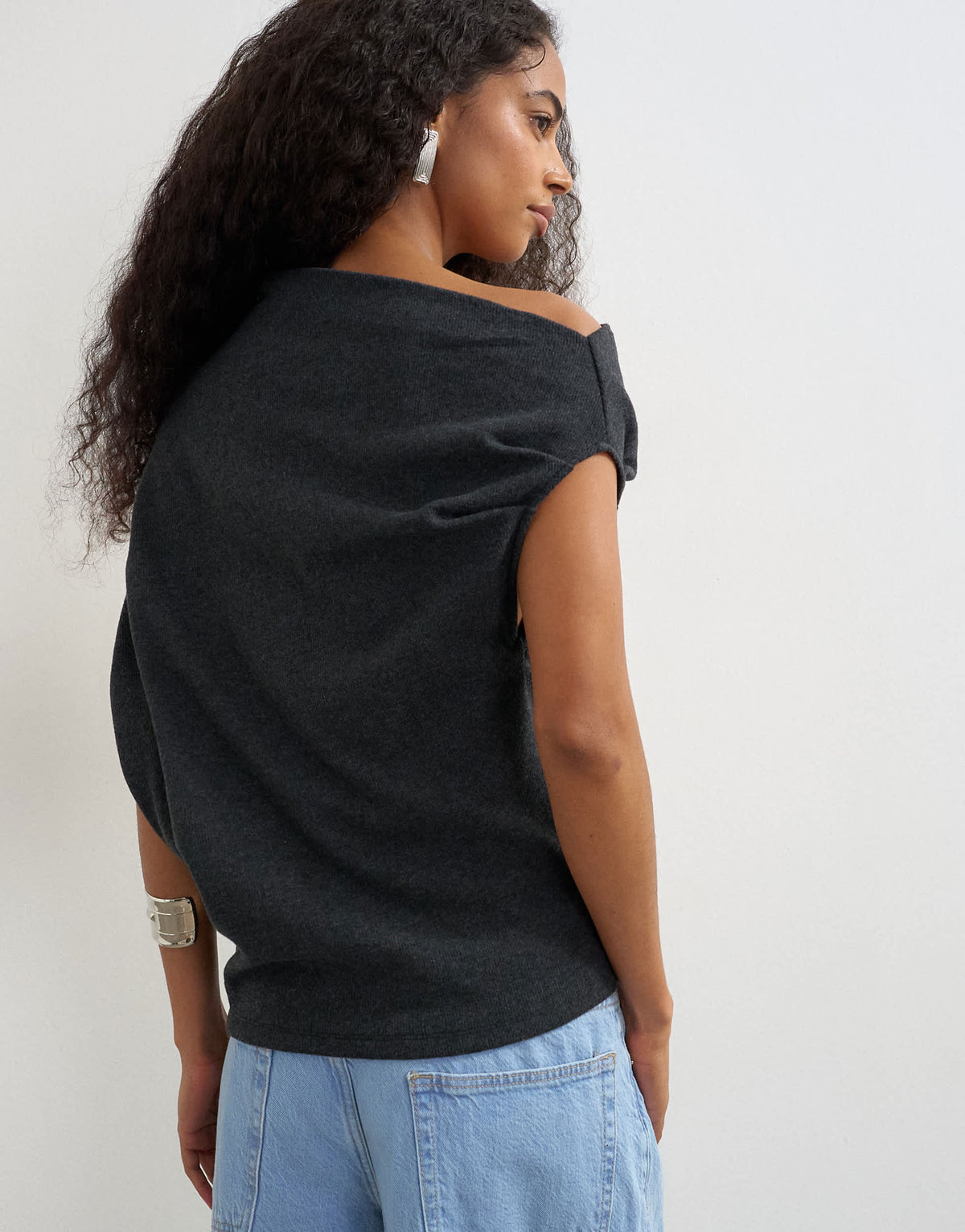 Topshop soft touch fallen shoulder top in charcoal