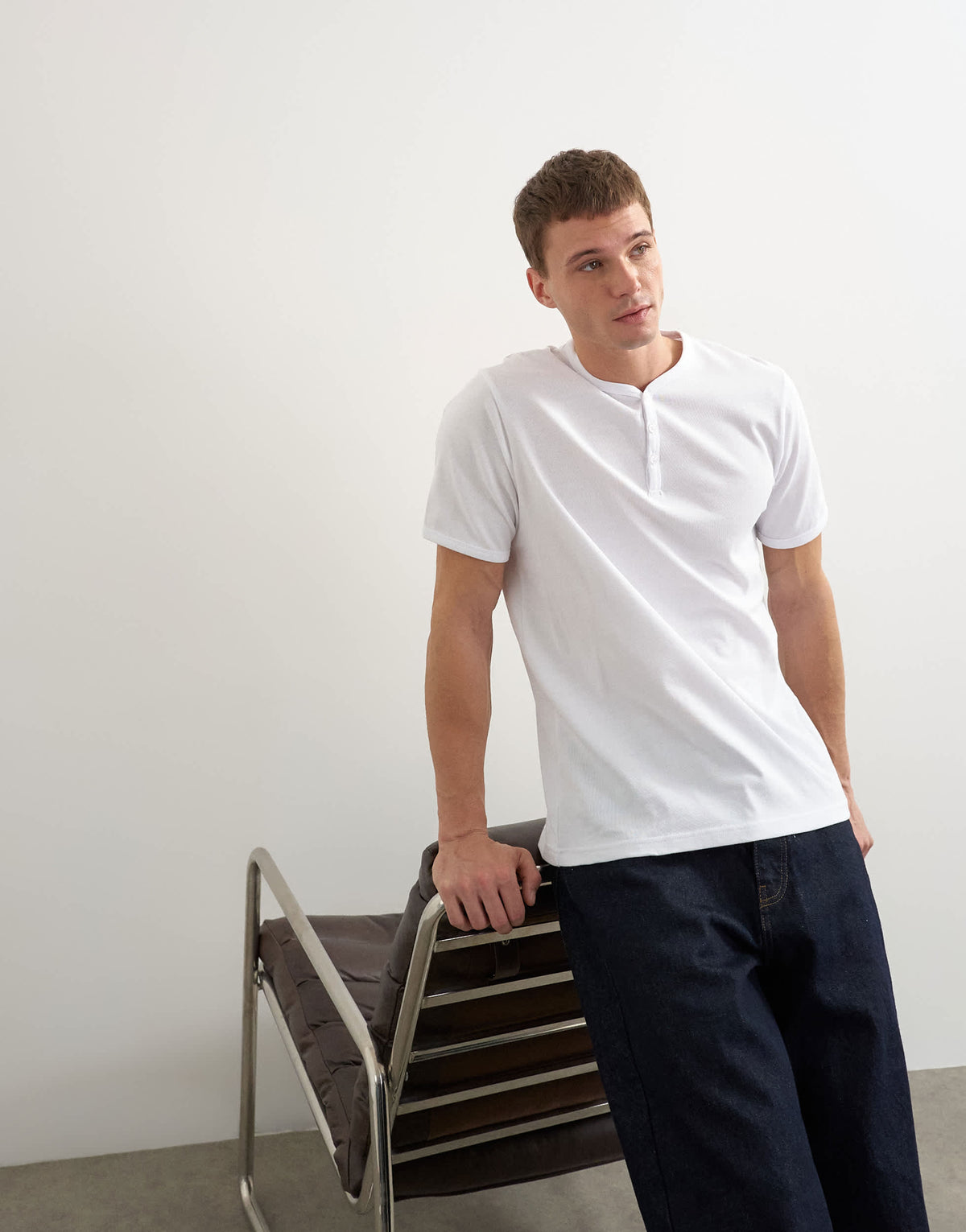 Topman classic fit henley with bound placket in white