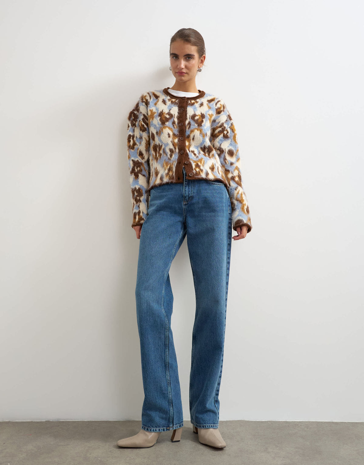 Topshop knitted crew neck cardigan in blue floral