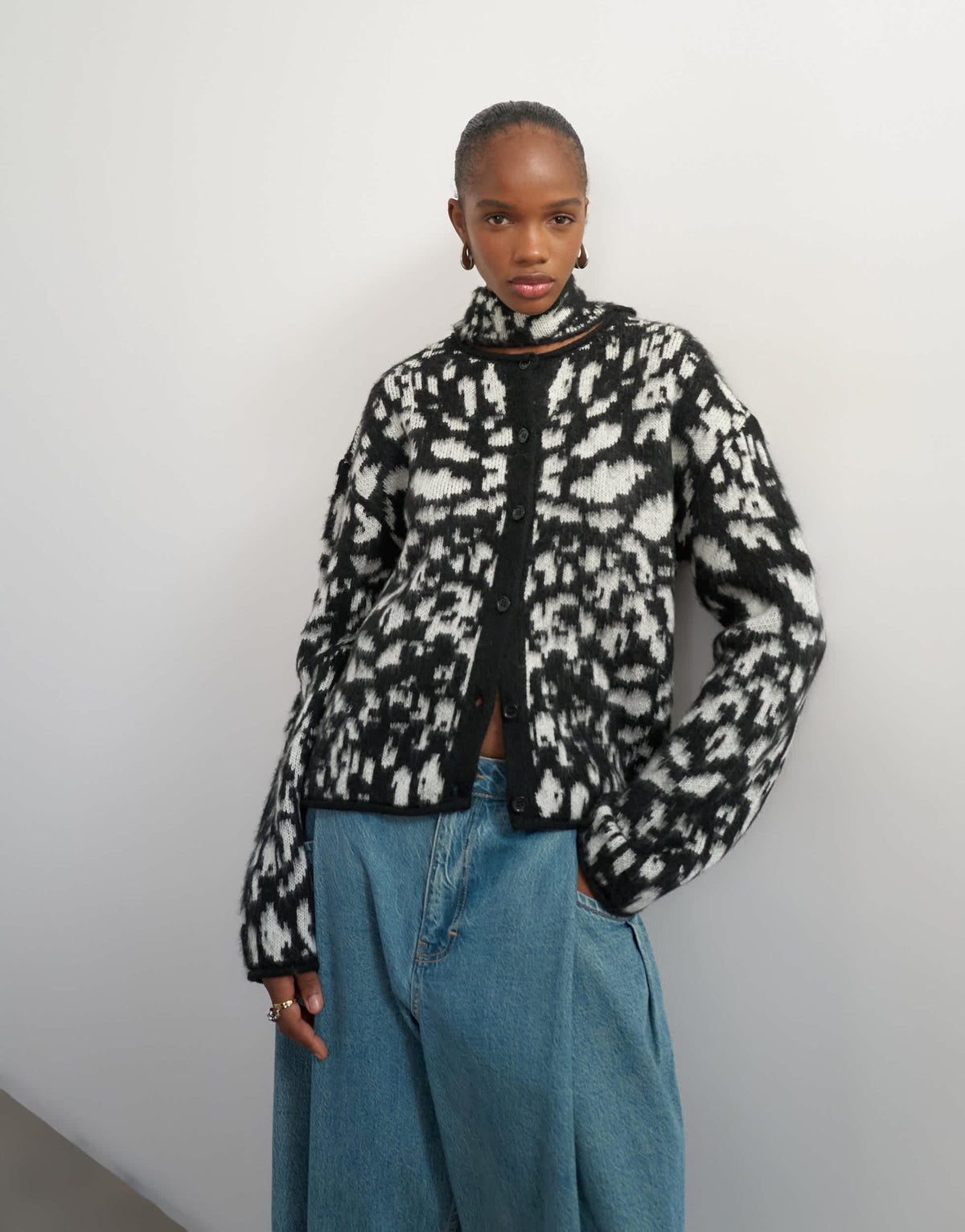 Topshop knitted crew neck cardigan with scarf in mono animal print
