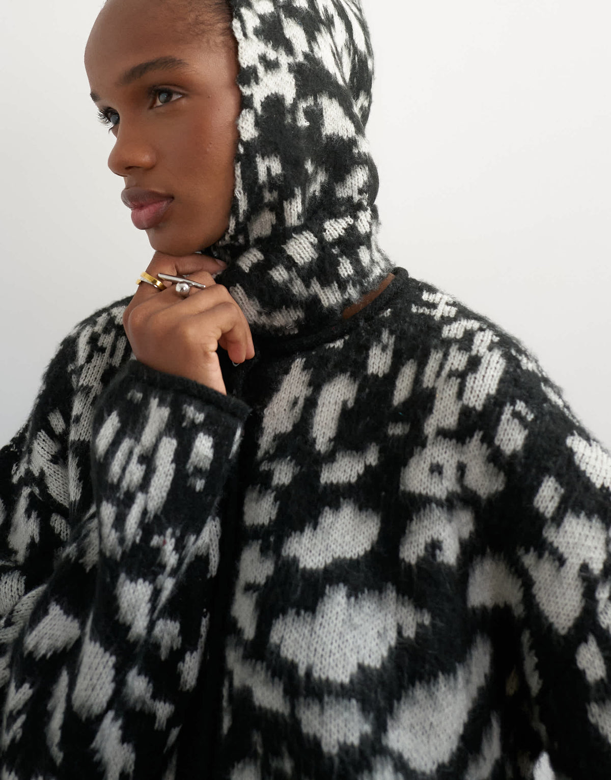 Topshop knitted crew neck cardigan with scarf in mono animal print