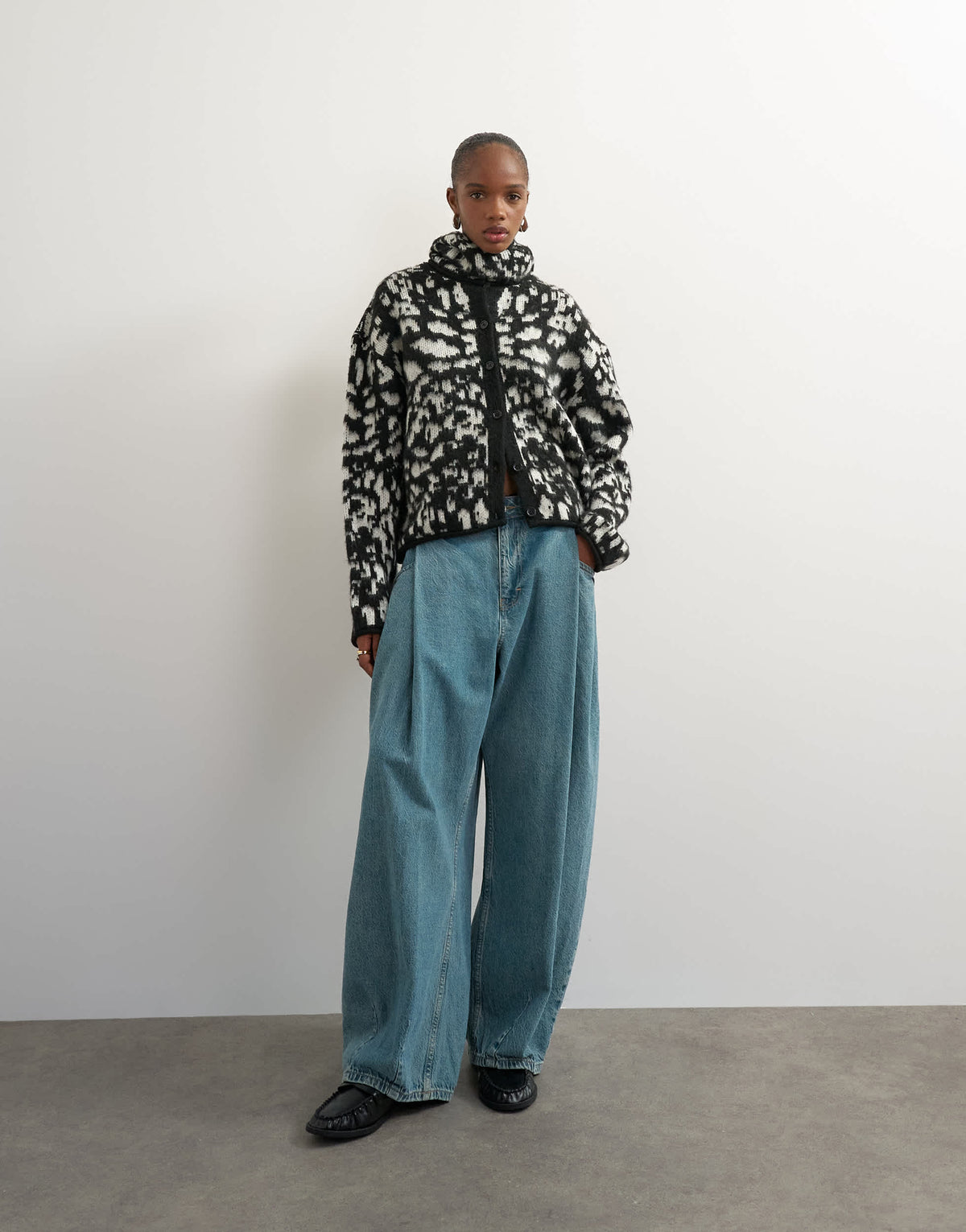 Topshop knitted crew neck cardigan with scarf in mono animal print