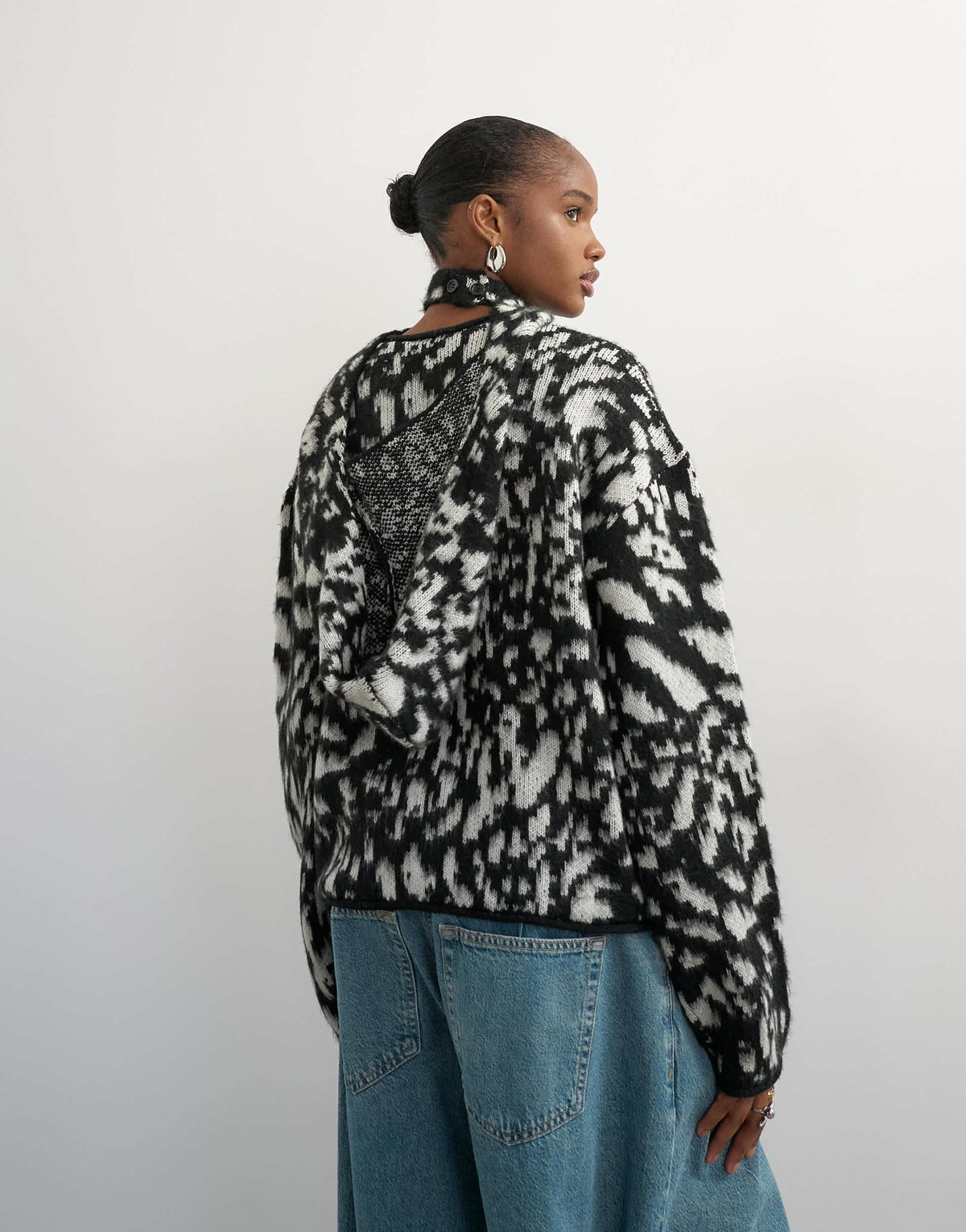 Topshop knitted crew neck cardigan with scarf in mono animal print