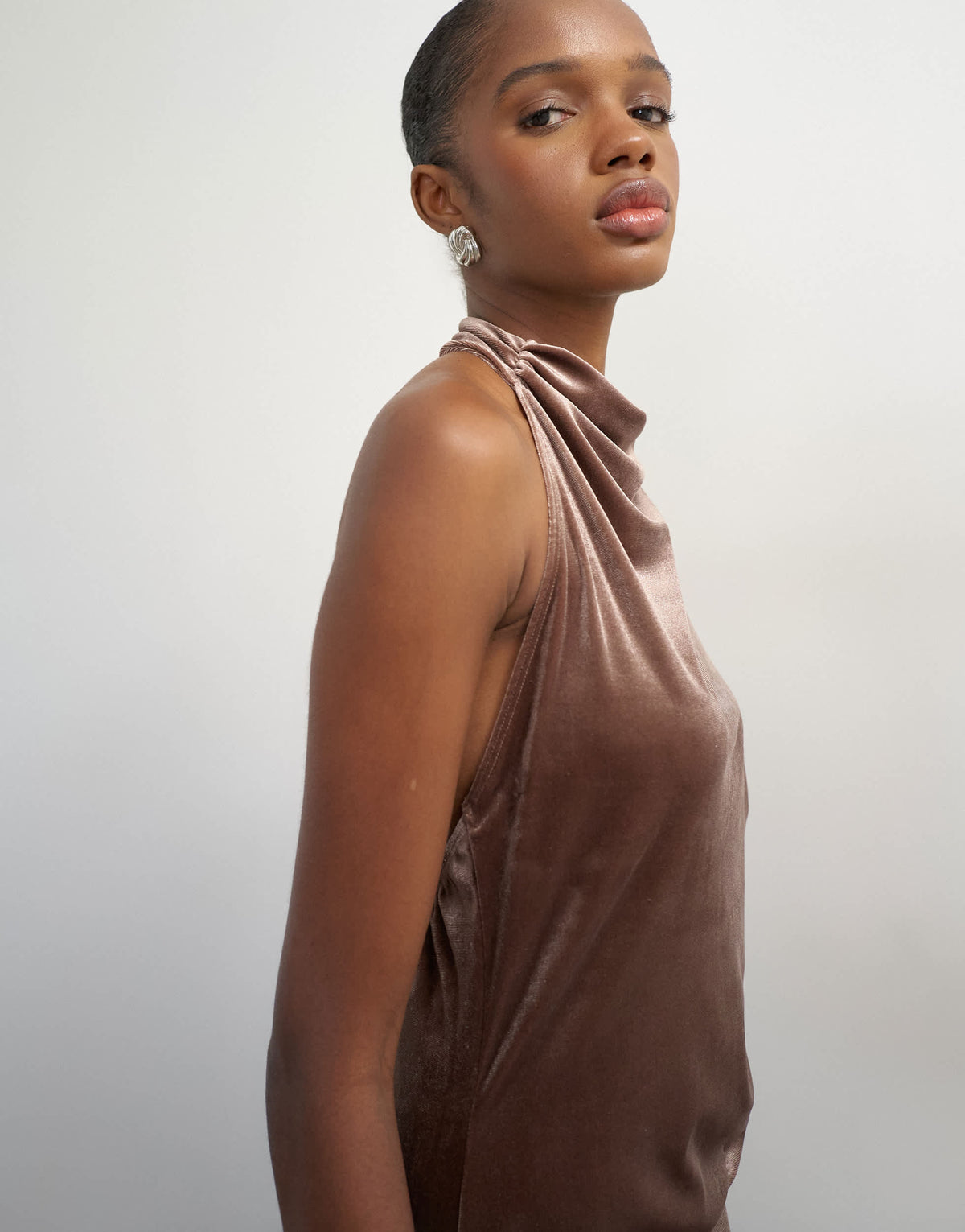 Topshop velvet high neck cowl draped detail in mocha