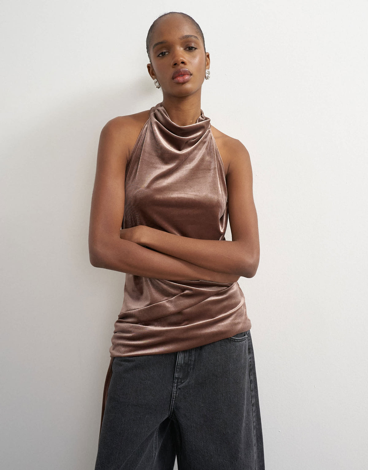 Topshop velvet high neck cowl draped detail in mocha