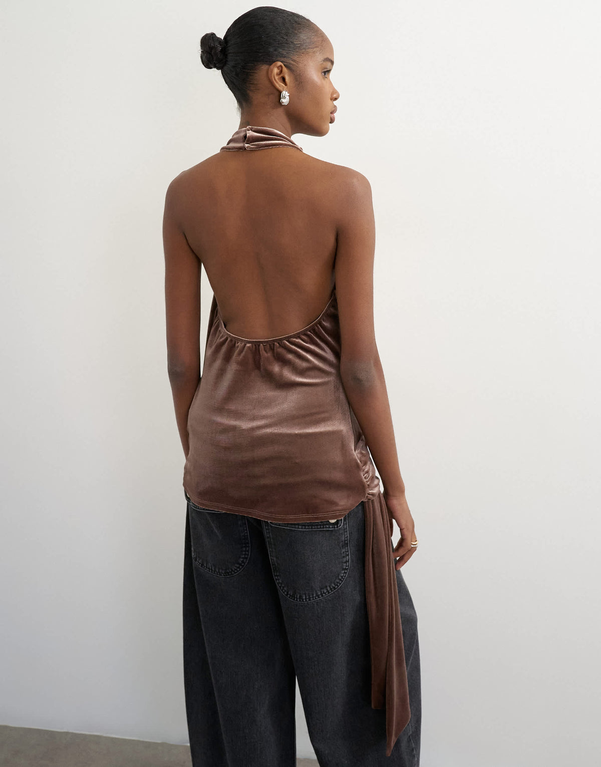 Topshop velvet high neck cowl draped detail in mocha