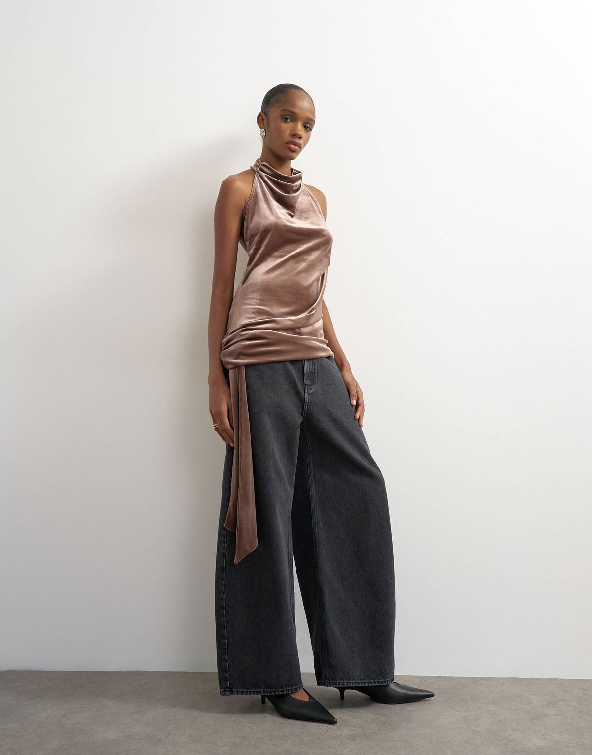Topshop velvet high neck cowl draped detail in mocha