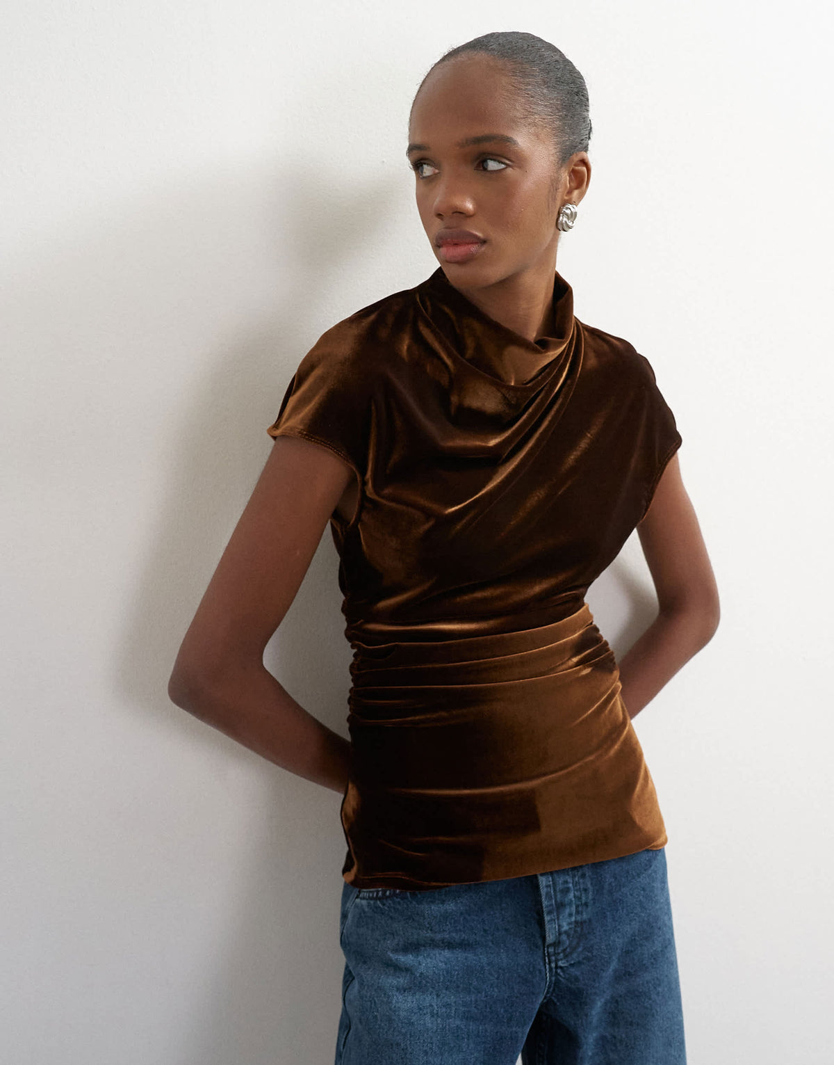 Topshop velvet cap sleeve drape front top in chocolate