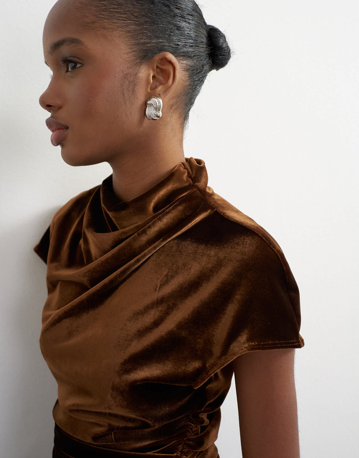 Topshop velvet cap sleeve drape front top in chocolate
