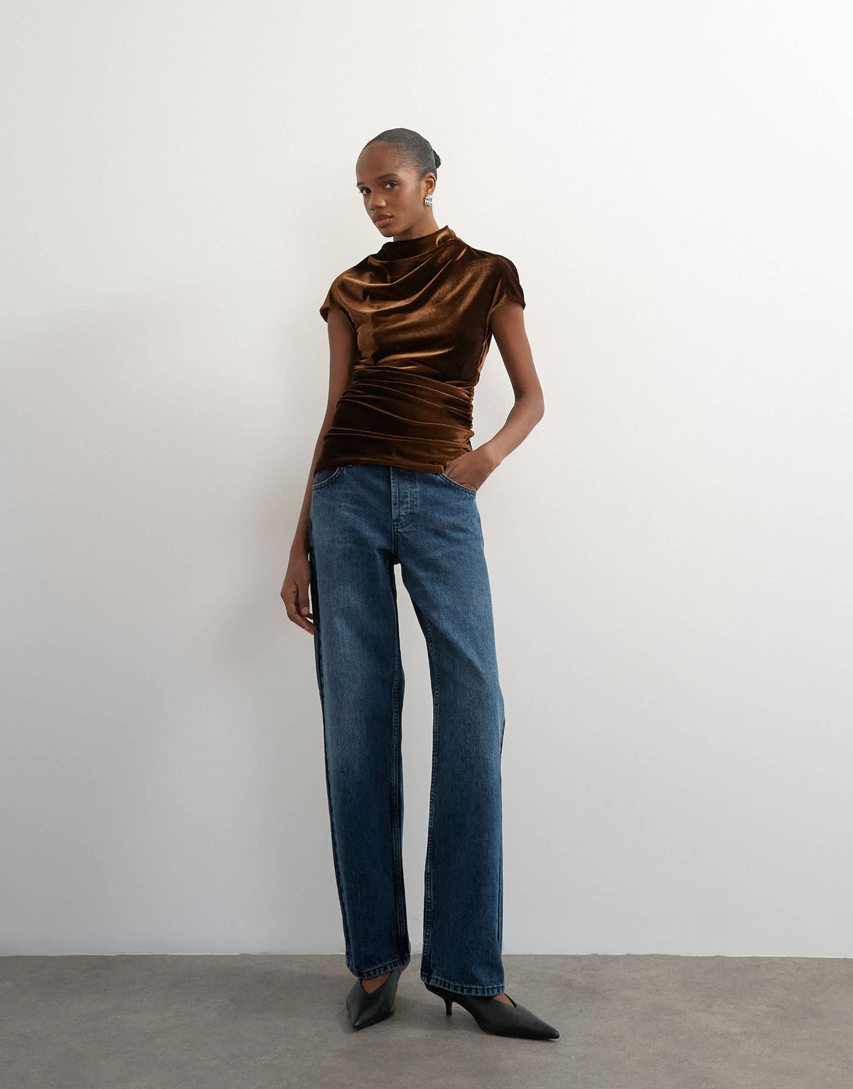 Topshop velvet cap sleeve drape front top in chocolate