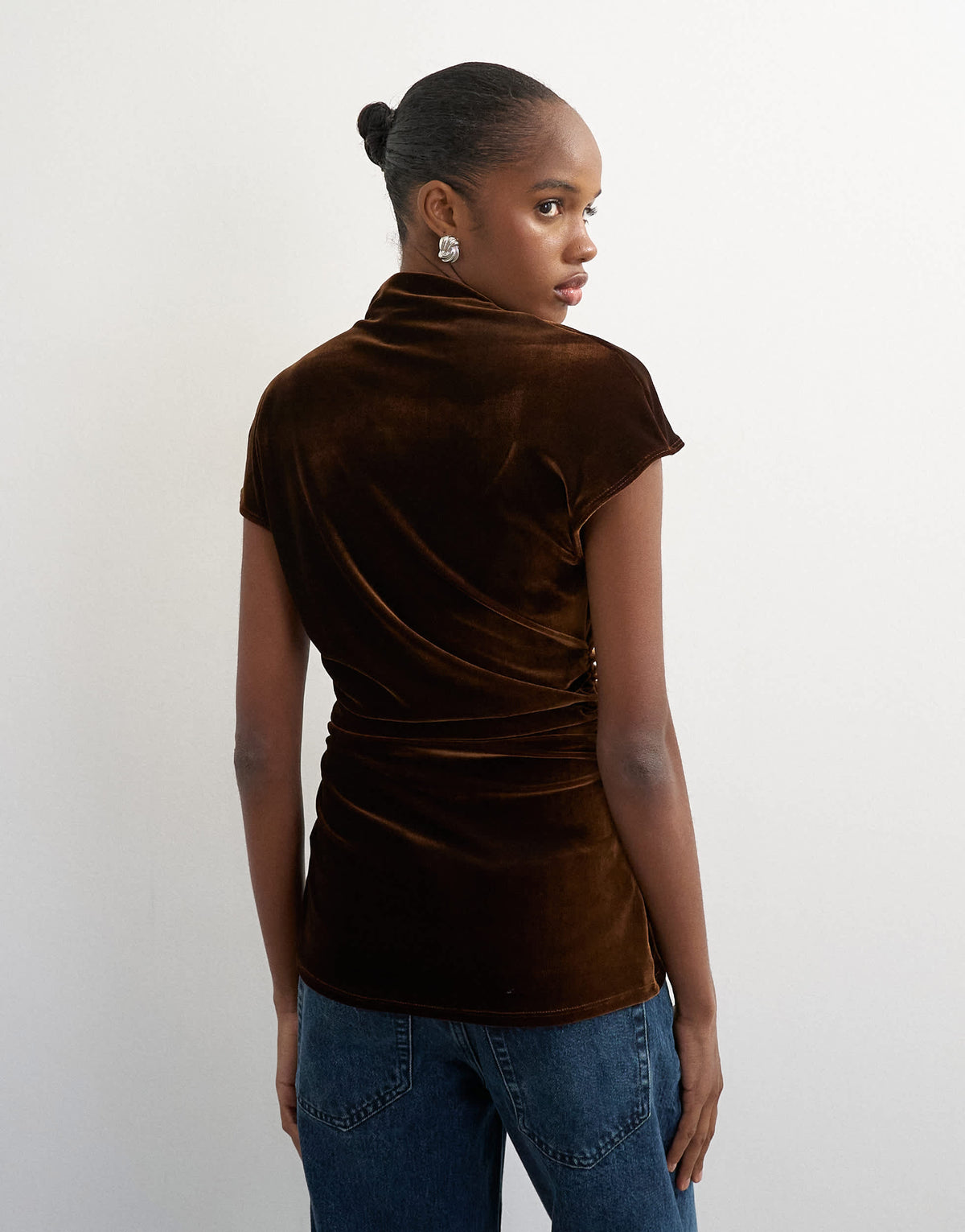 Topshop velvet cap sleeve drape front top in chocolate