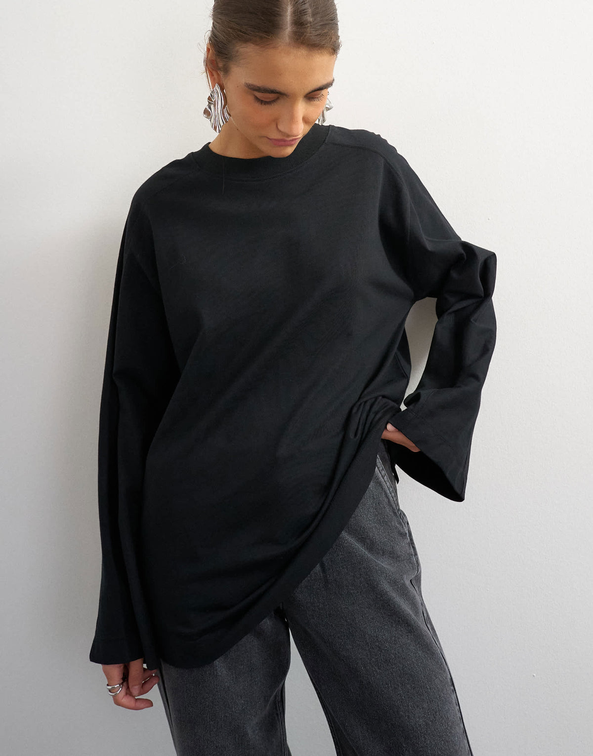 Topshop seamed detail long sleeve skater top in black