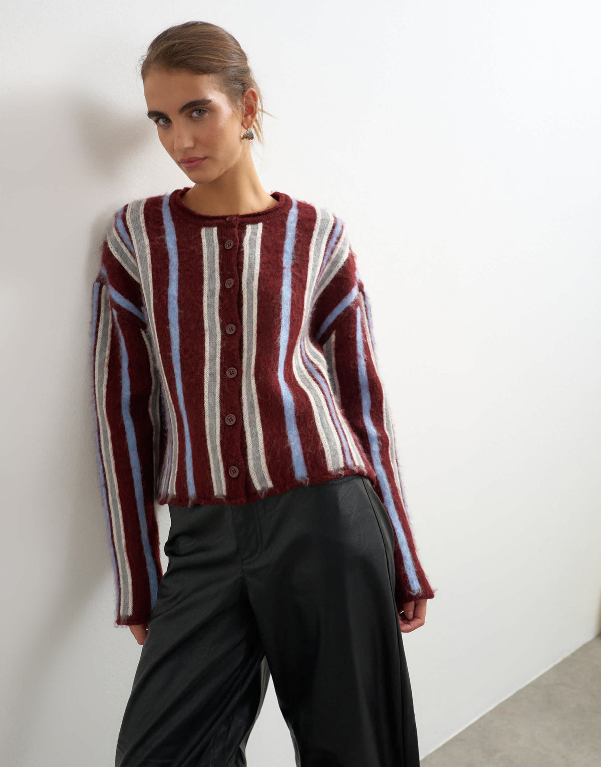Topshop knitted crew neck cardigan in burgundy stripe