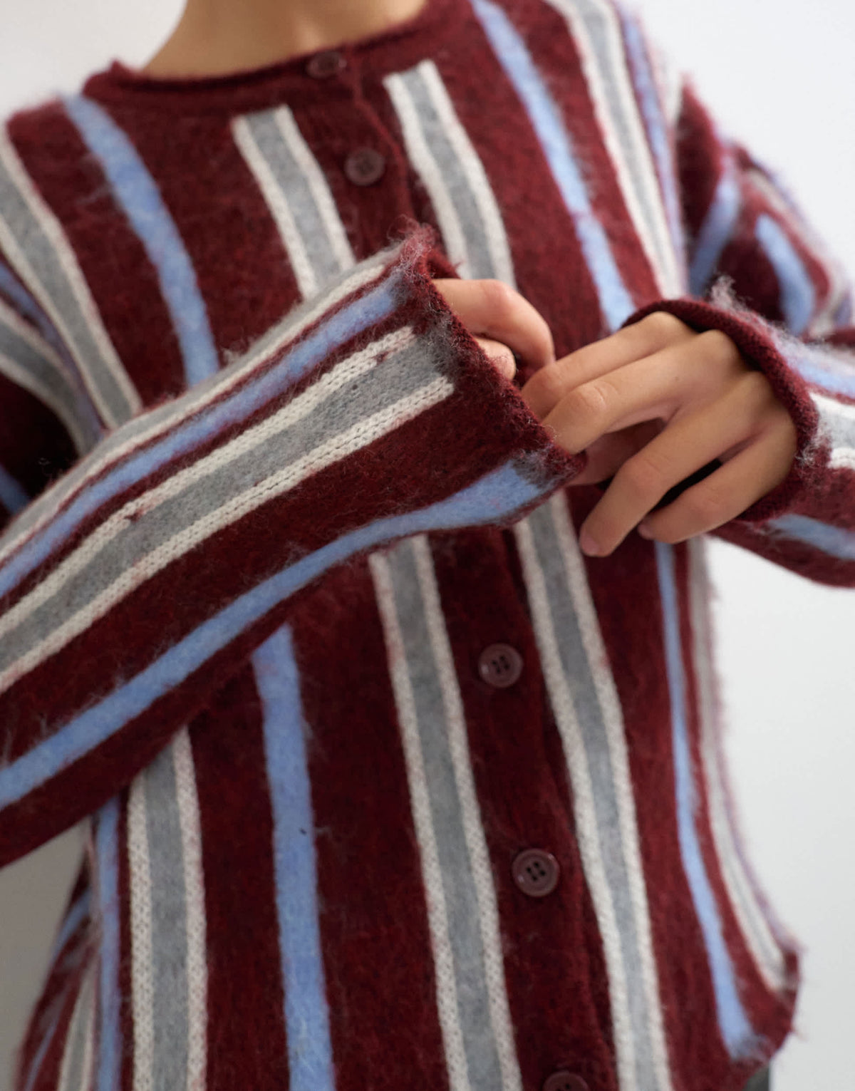 Topshop knitted crew neck cardigan in burgundy stripe