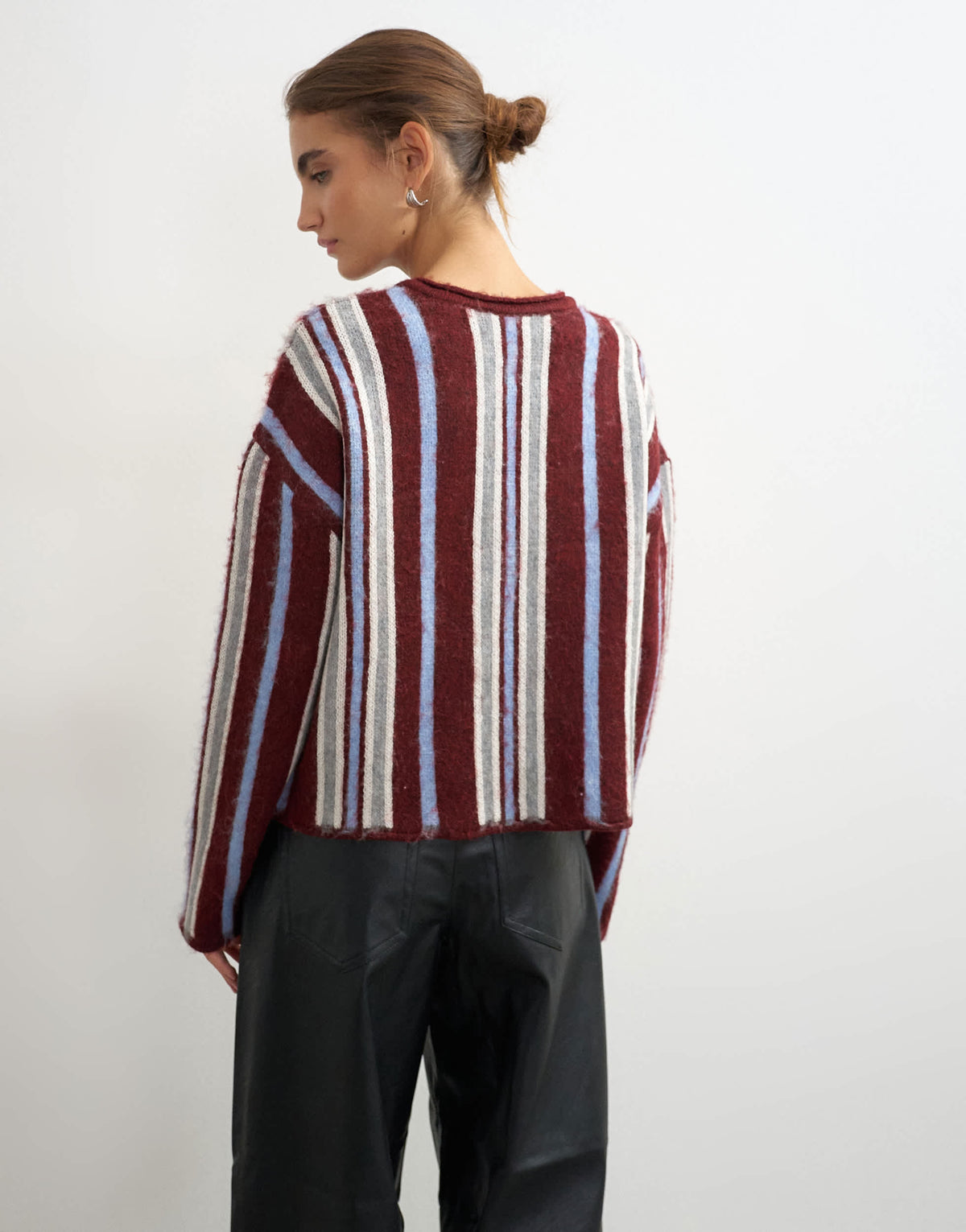 Topshop knitted crew neck cardigan in burgundy stripe