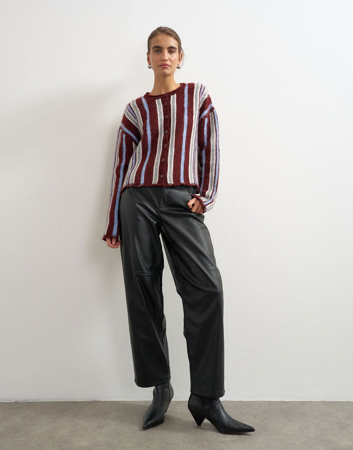 Topshop knitted crew neck cardigan in burgundy stripe
