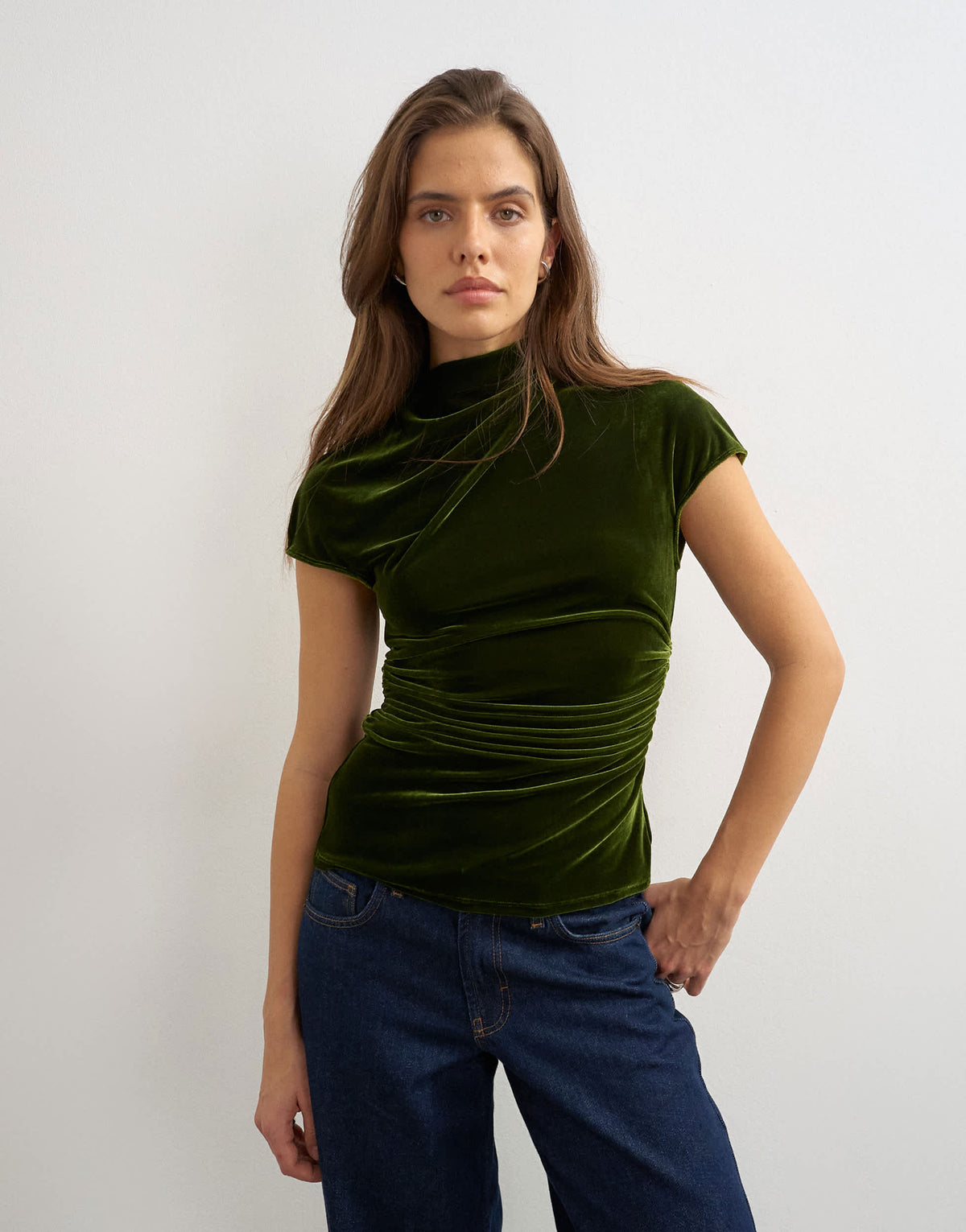 Topshop velvet cap sleeve drape front top in green