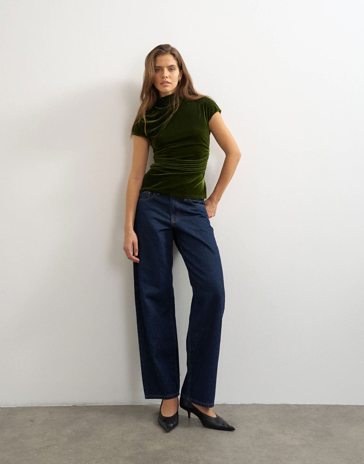 Topshop velvet cap sleeve drape front top in green