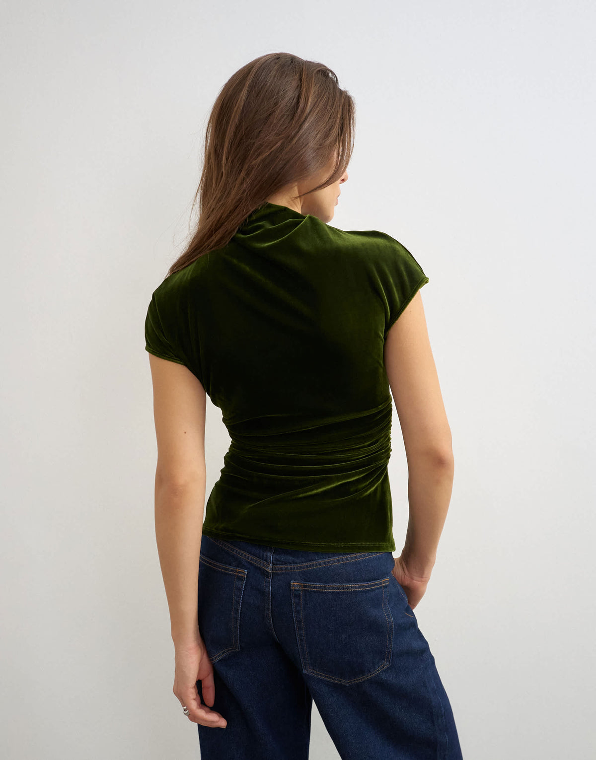 Topshop velvet cap sleeve drape front top in green