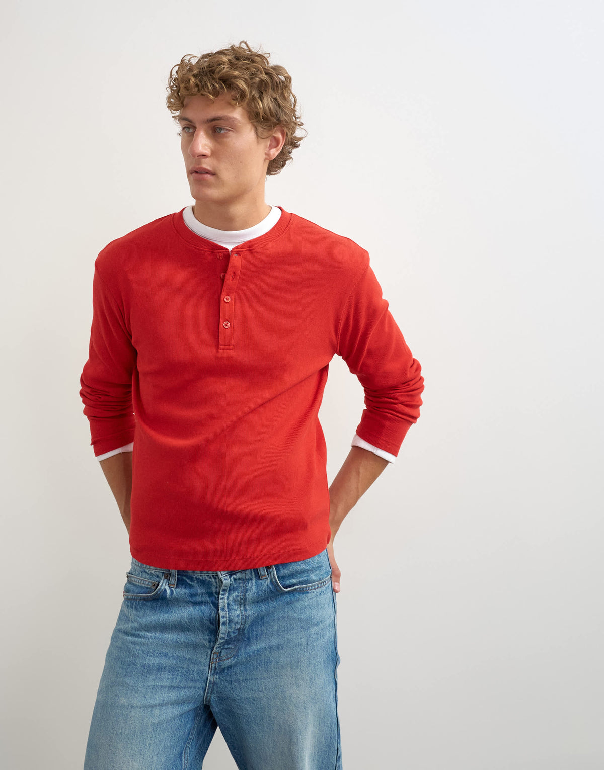 Topman slim fit long sleeve rib henley t-shirt in red