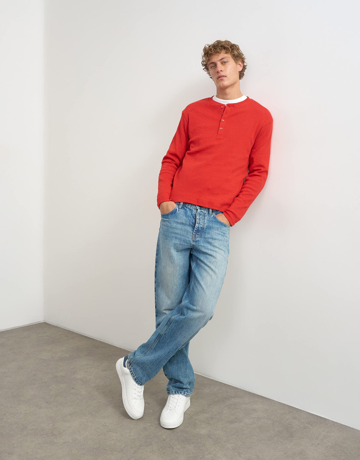 Topman slim fit long sleeve rib henley t-shirt in red