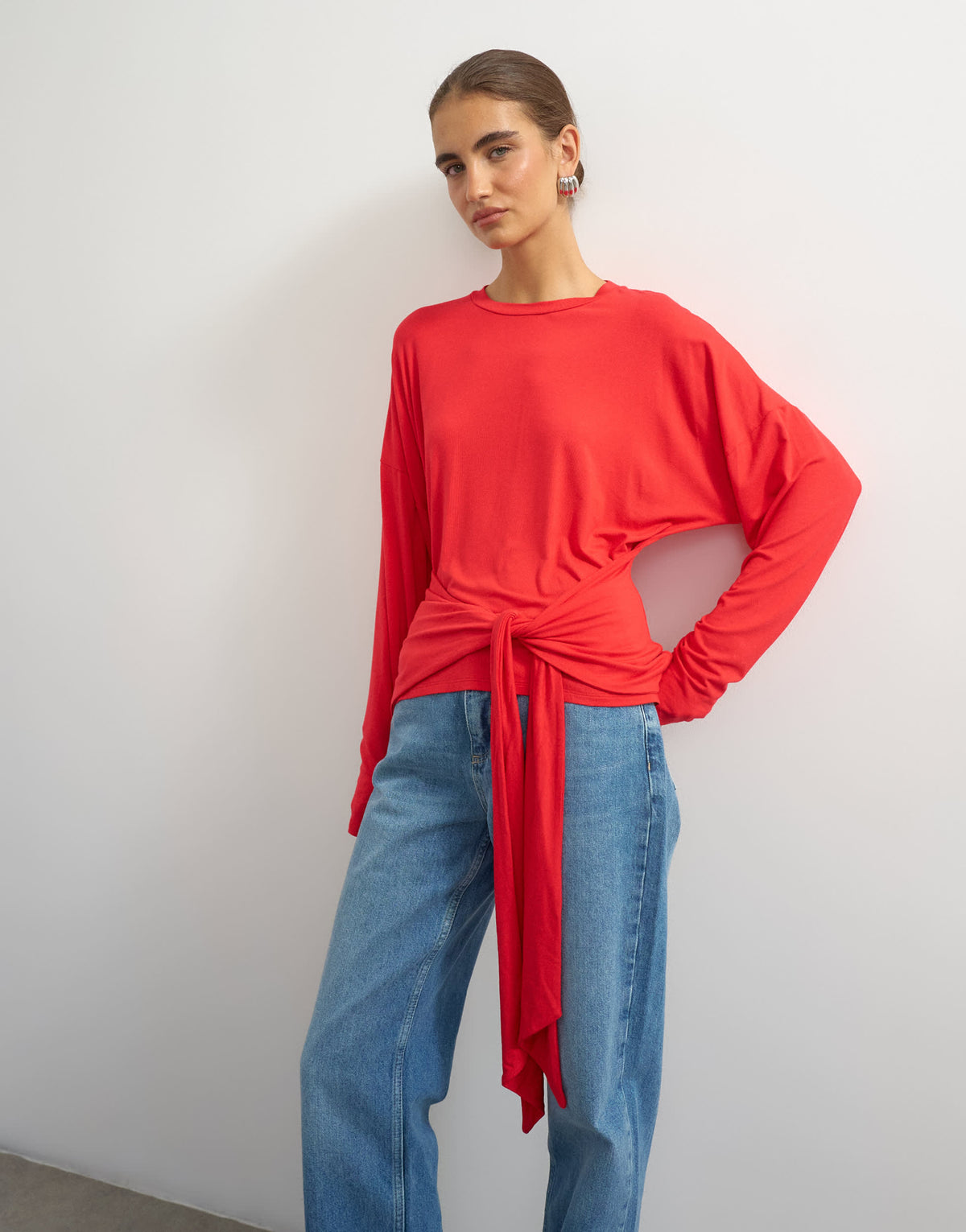 Topshop long sleeve knot front drapey top in red