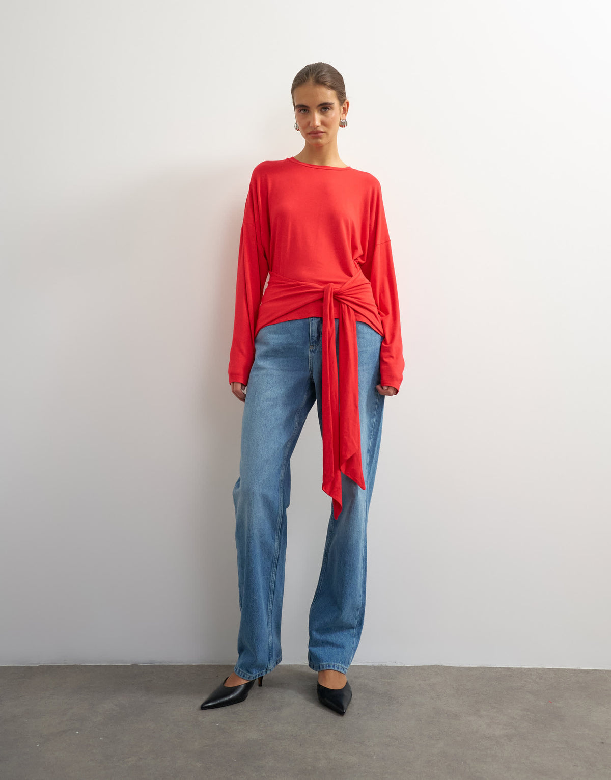 Topshop long sleeve knot front drapey top in red