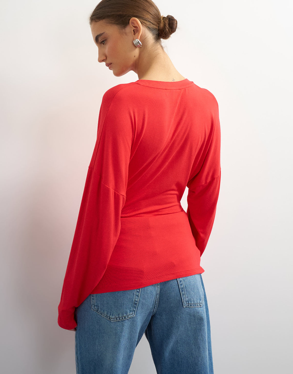 Topshop long sleeve knot front drapey top in red