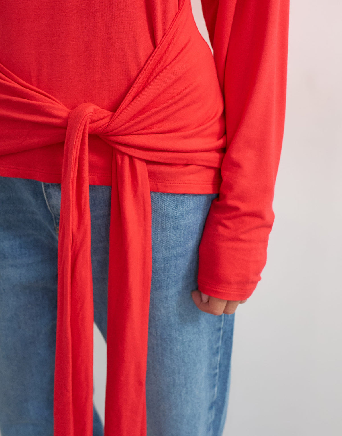 Topshop long sleeve knot front drapey top in red