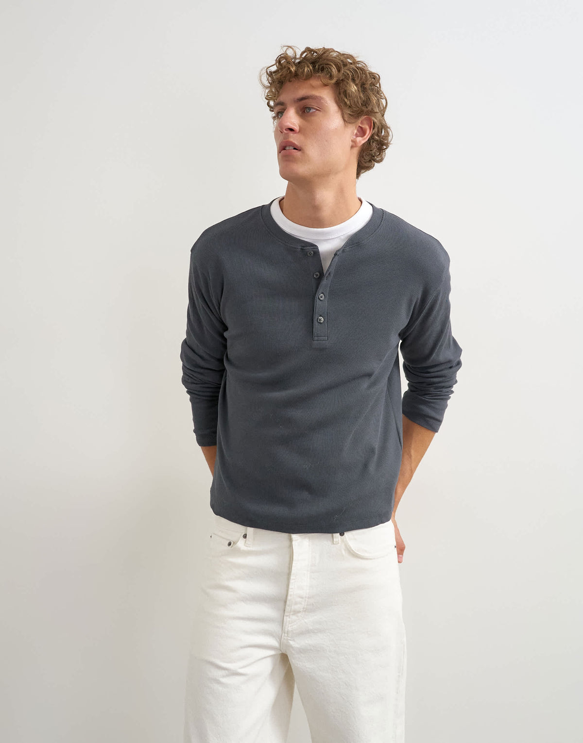 Topman slim fit long sleeve rib henley t-shirt in charcoal