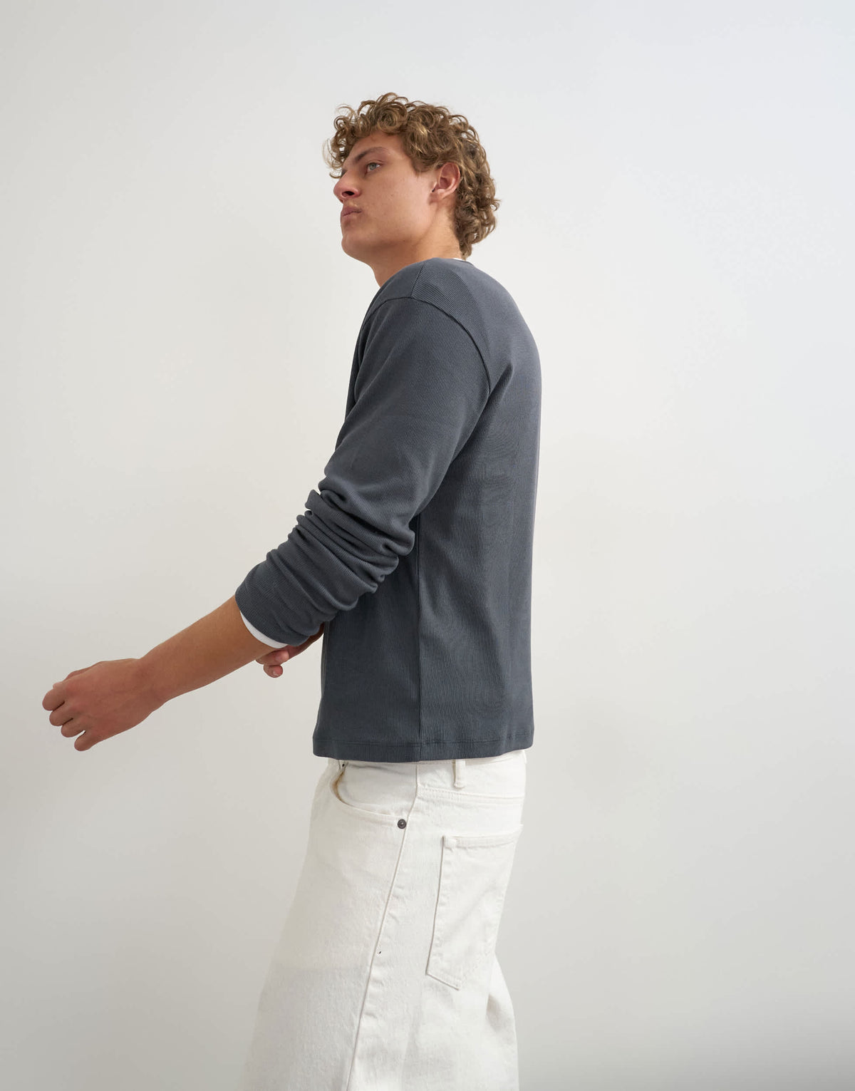 Topman slim fit long sleeve rib henley t-shirt in charcoal