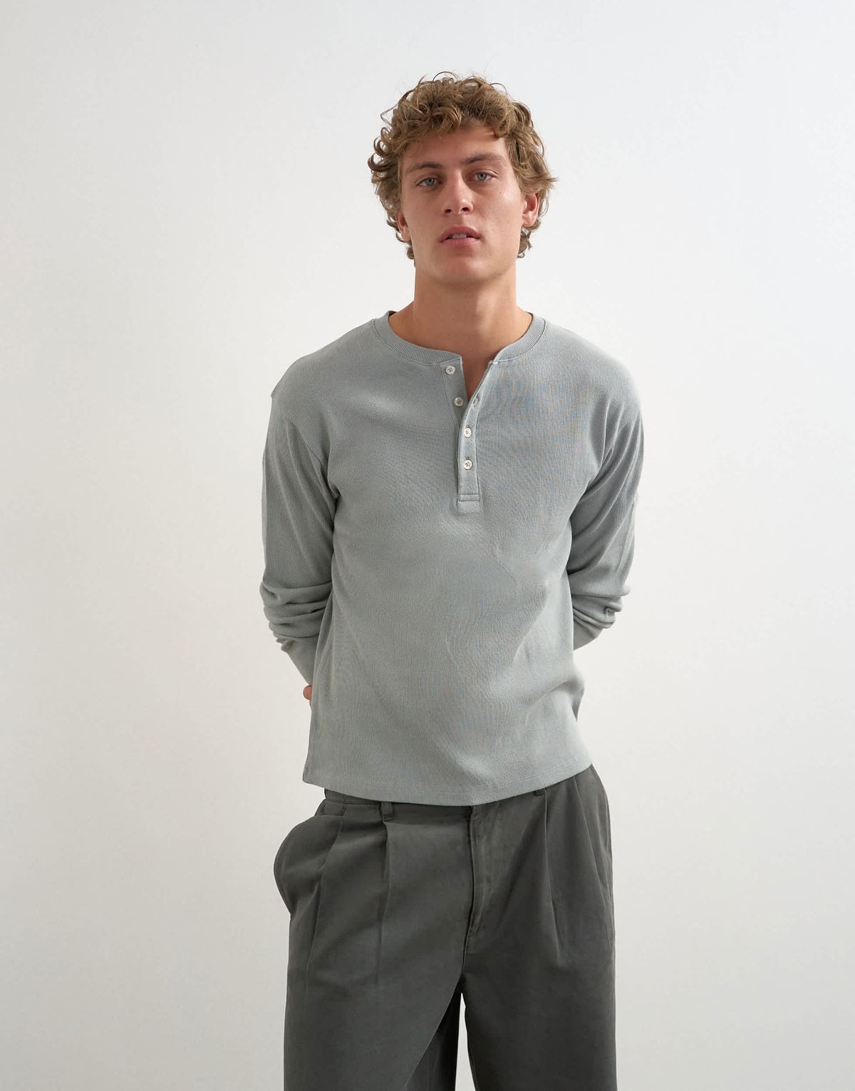 Topman slim fit long sleeve rib henley t-shirt in light grey